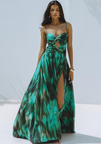 Women Green Paint Print Hollow Swimsuit and Skirt Two Piece