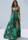 Women Green Paint Print Hollow Swimsuit and Skirt Two Piece