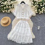 Women French Lace Hollow Crochet Flower Top Lace Patchwork Skirt Two Piece