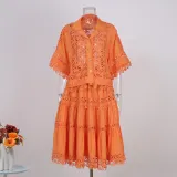 Women French Lace Hollow Crochet Flower Top Lace Patchwork Skirt Two Piece