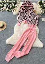 Women Leopard Print Knitting Hooded Jacket + Sleeveless Vest + Cuffed Trousers Three-Piece