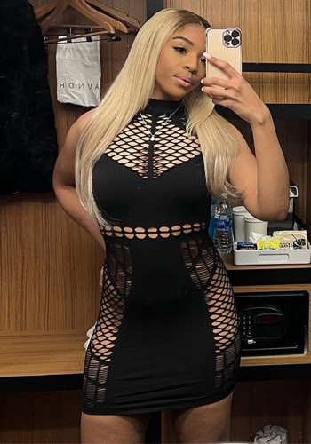 Women fishnet skirt hollow sleeveless net dress