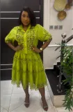 Women French Lace Hollow Crochet Flower Top Lace Patchwork Skirt Two Piece