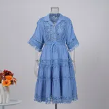 Women French Lace Hollow Crochet Flower Top Lace Patchwork Skirt Two Piece