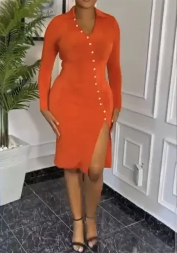 Women Turndown Collar V-Neck Sexy Slit Long Sleeve Solid Bodycon Dress