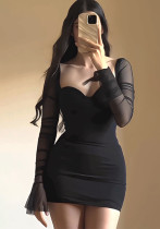 Spring Sexy Mesh Patchwork Long-sleeved slim dress for women