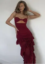 Women's spring and winter sexy hollow side slits Low Back Mesh Strap Dress