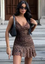 Women's summer mesh leopard print sexy v-neck Slim Waist ruffled strap short dress