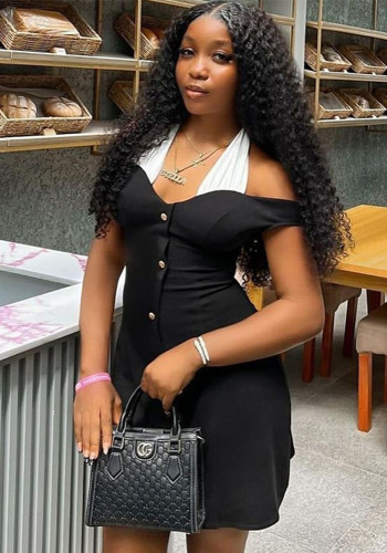 Fashionable women's clothing comfortable Casual black and white contrasting Halter Neck A-line short dress
