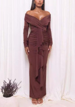 Sexy women's elegant slim long sleeve off shoulder elegant pleated dress