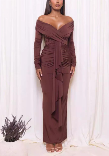Sexy women's elegant slim long sleeve off shoulder elegant pleated dress