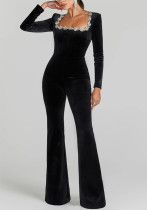 Diamond velvet square neck long sleeve high waist slim Bell Bottom Jumpsuit