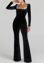 Diamond velvet square neck long sleeve high waist slim Bell Bottom Jumpsuit