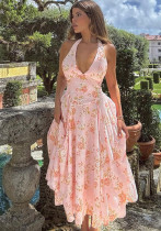 Autumn Women's Sexy Slim Print Halter Neck A-line Dress