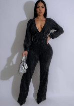 Women's Patchwork V-neck long-sleeved sports fitness Jumpsuit