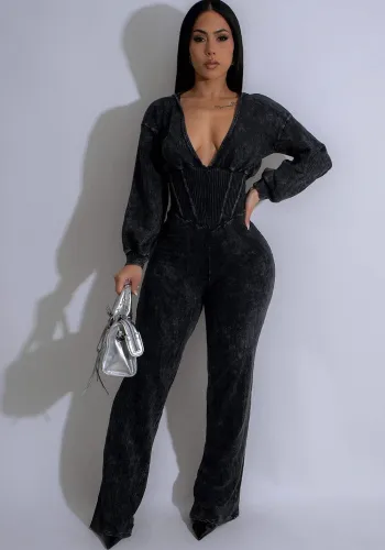 Women's Patchwork V-neck long-sleeved sports fitness Jumpsuit