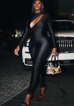 trend Solid color sexy hollow long sleeves Tight Fitting Fitness Jumpsuit