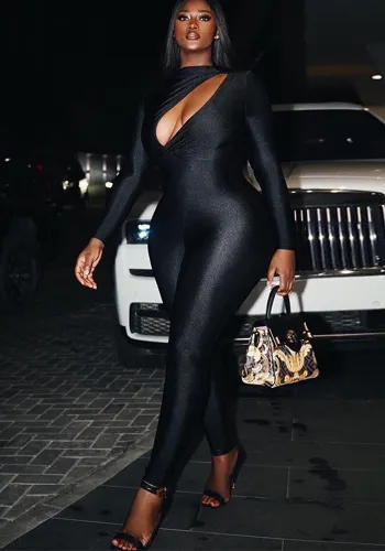 trend Solid color sexy hollow long sleeves Tight Fitting Fitness Jumpsuit