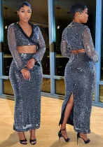 Turndown Collar Deep V Long Sleeve Sequin crop Top Bodycon Skirt Two-piece Set