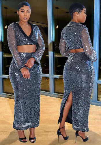 Turndown Collar Deep V Long Sleeve Sequin crop Top Bodycon Skirt Two-piece Set