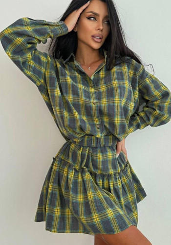 Women Plaid Long-sleeved Shirt and Pleated Skirt Two-piece Set