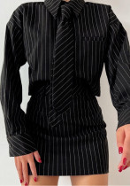 Women Striped Long-sleeved Tie Shirt and Skirt Two-piece Set