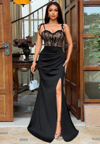 Women Sexy Suspender Lace Patchwork Slit Dress