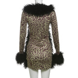 Women Sexy Hollow Leopard Lace Fur Collar Long Sleeve Bodycon Dress