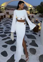 Women Solid Bell Bottom Long Sleeve Slit Top and Long Skirt Two-piece Set