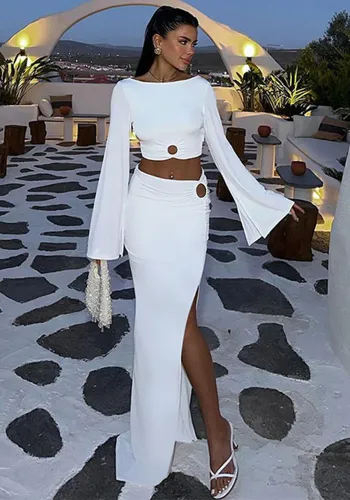 Women Solid Bell Bottom Long Sleeve Slit Top and Long Skirt Two-piece Set