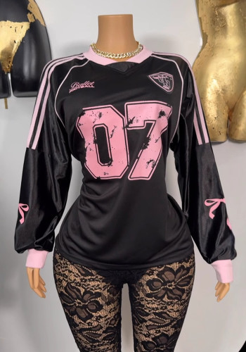 Women American Casual Sports Baseball Collar Contrast Color Long Sleeve Printed T-shirt