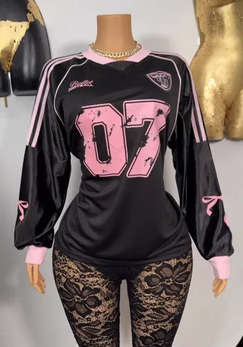 Women American Casual Sports Baseball Collar Contrast Color Long Sleeve Printed T-shirt