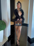 Women Sexy Hollow Leopard Lace Fur Collar Long Sleeve Bodycon Dress