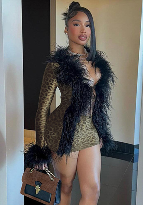 Women Sexy Hollow Leopard Lace Fur Collar Long Sleeve Bodycon Dress