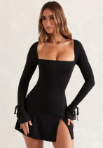 Women's Autumn Square Neck Long Sleeve Split Slim Bodycon Dress