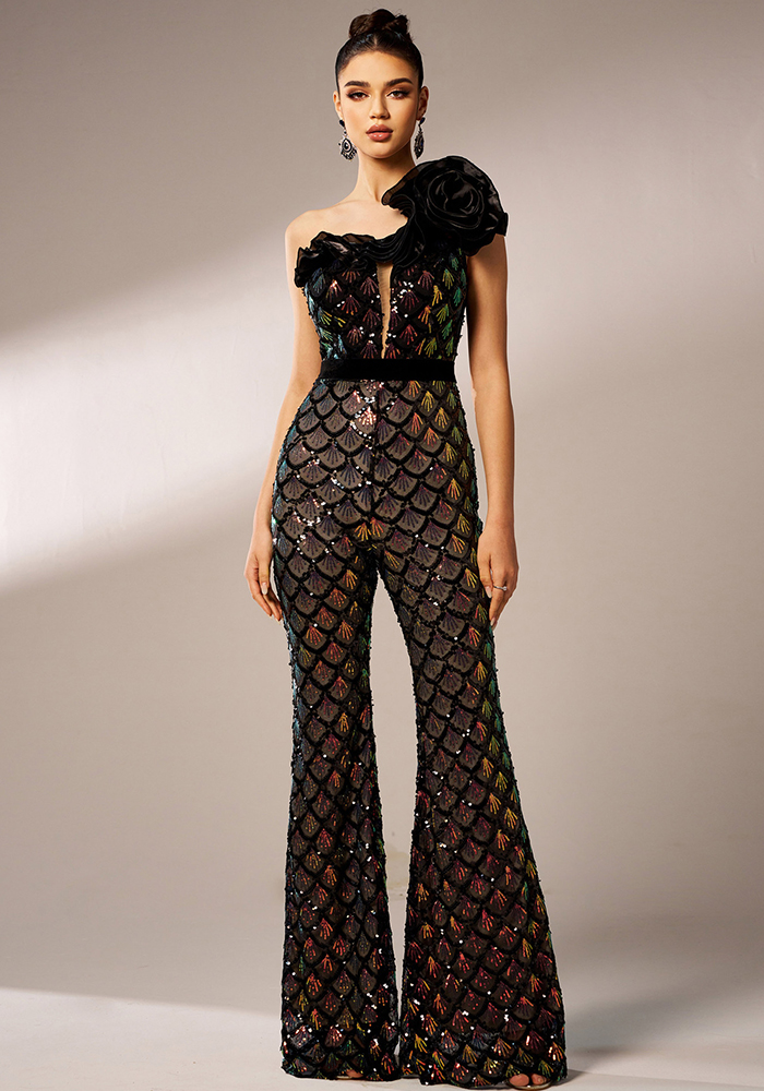 Wine One-Shoulder Scuba Jumpsuit – Elegant Statement Piece for Special Occasions