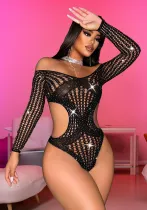 Hollow Low Back See-Through Beaded Sexy Lingerie Women's Temptation Long Sleeve Mesh Bodysuit