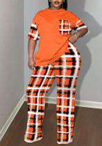Women's Fashion Round Neck T-Shirt Pocket Printed Trousers Plus Size Two-Piece Set