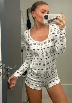 Printed Home Square Neck Jumpsuit Round Neck Casual Loose Pajamas