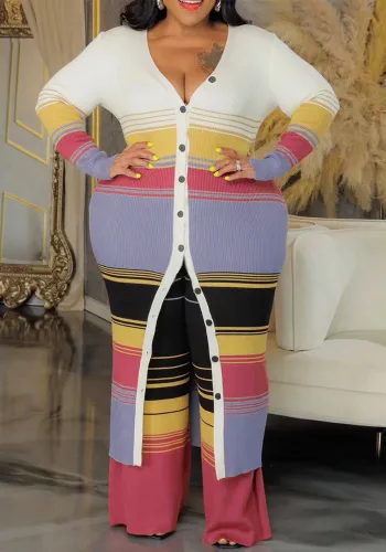 Women's Plus Size Elegant Fashion Stripes Button Jacket Pants Two Piece Set