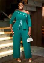 Fashion Slash Shoulder Elegant Beaded High Waist Formal Party Jumpsuits