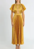 Fashion Round Neck Solid Color Ruffle Sleeve Pleated Formal Party Women's Evening Dress