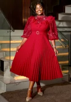 Plus Size See-Through Lantern Sleeve Pleated Fashion High Waist Party Dress