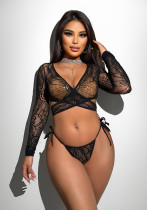 Hollow Low Back Cross Lace-Up Sexy Women's Temptation Long Sleeve Mesh Lingerie Set