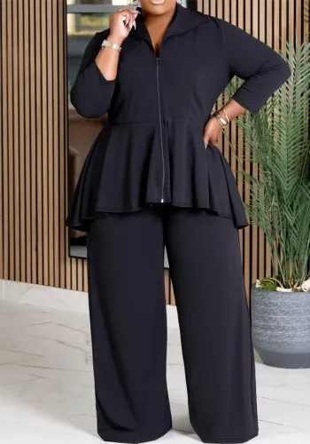 Women's Fashion Career Long Sleeve Turndown Collar Zipper Top Wide Leg Pants Solid Color Suit