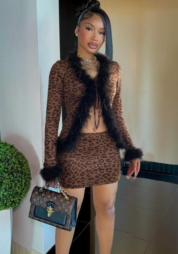 Fashionable Sexy Fur Patchwork Leopard Print Long-Sleeved Top Slim Mini Skirt Two-Piece Set
