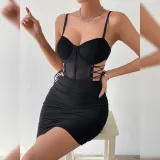 Women sexy hollow cross-lace steel ring fishbone suspender pleated Bodycon Dress