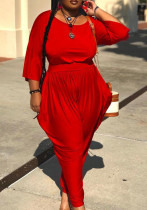 Women Solid Loose Long Sleeve Top and Pants Two-piece Set
