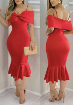 Women Red Bow Off Shoulder Suspender Fishtail Dress