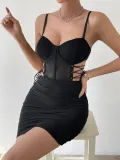 Women sexy hollow cross-lace steel ring fishbone suspender pleated Bodycon Dress